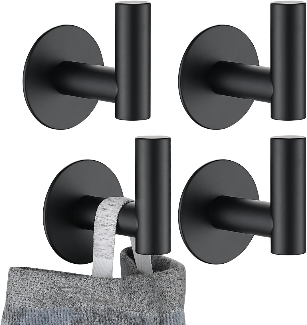 JQK Self Adhesive Towel Hook Black, No Drill Stick on Coat Robe Clothes Wall Hook for Bathroom Kitchen Garage 2 Pack, 304 Stainless Steel Matte Black, ATH110-PB-P4