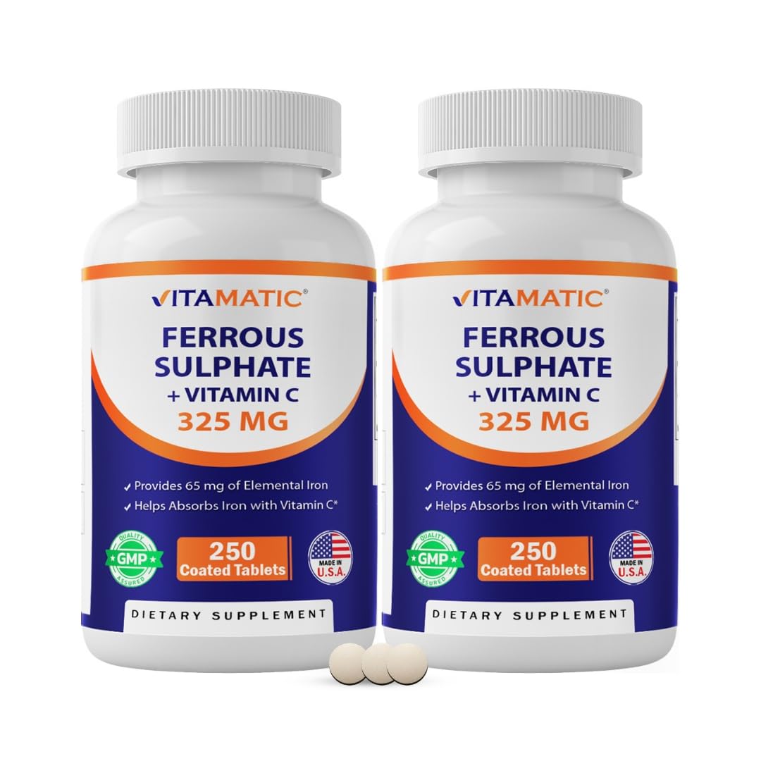 Vitamatic Ferrous Sulfate 325 mg with Vitamin C 100 mg (65 mg Elemental Iron) – High Potency Iron Supplement – No Artificial Colors – 250 Coated Tablets, Made in USA - 2 Pack