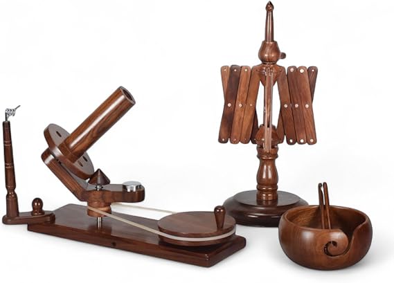 Wooden Yarn Ball Winder - Handcrafted Knitting & Crocheting Yarn Bobbin Winder - Knit Picks Umbrella Yarn Swift Tabletop Winder - Center Pull Wool Winding Machine (Brown, Combo+Bowl+Crochets)