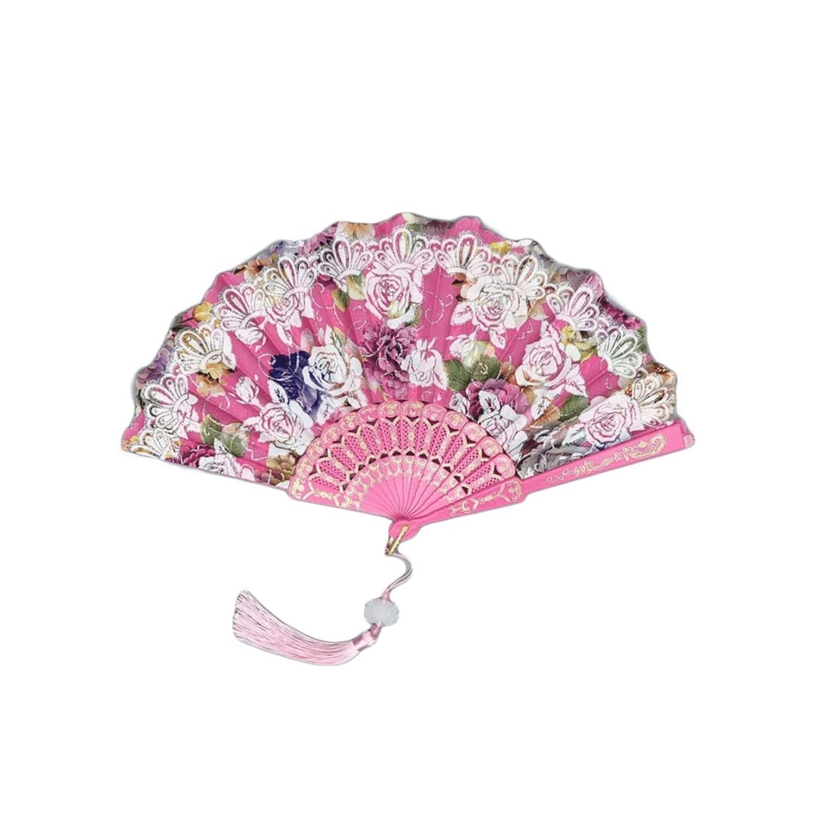 Folding Fans Folding Hand Fans Fashion Elegant Flower Rose Folding Fan ChineseFolding Fan Bridal Dancing Props Wedding Gift Decorative(Color:) (Roze one size)