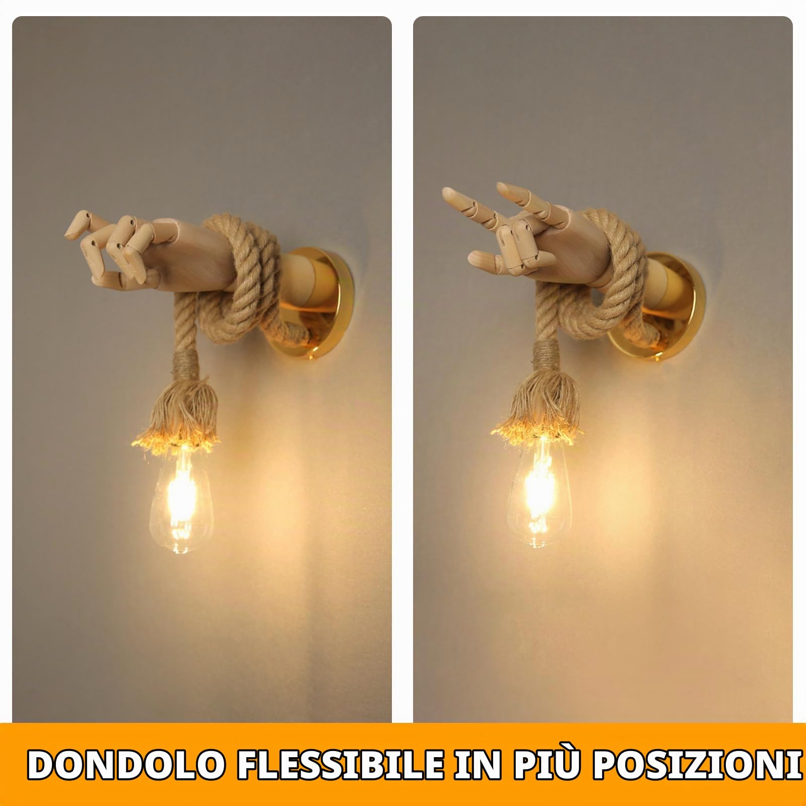 Applique da Parete Legno, Forma di Pugno, E27, con Corda di Canapa