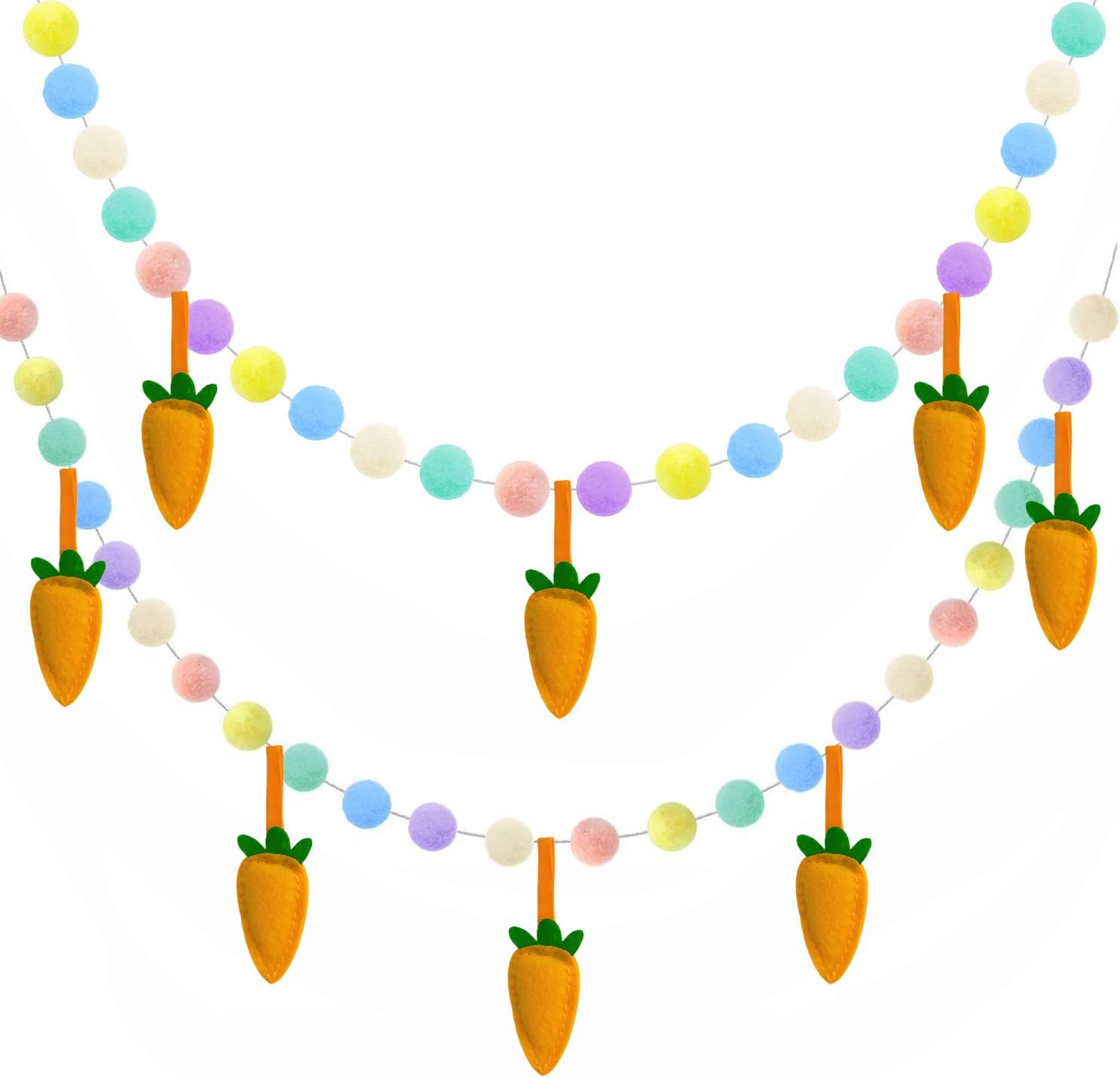 Easter Garland for Spring Party Decorations, 2 Pack 6.5FT Pastel Pom Poms Garlands with Handmade Felt Carrots Hanging for for Mantle Fireplace Wall Tree Indoor Garden Outdoor Easter Banner Decor