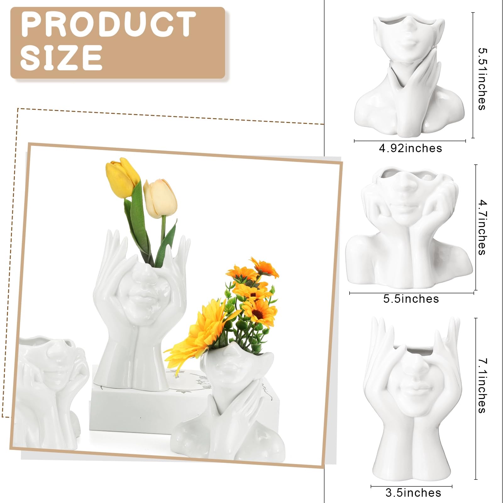 Jarrón de cerámica para la cara, 3 piezas, forma femenina, florero moderno para decoración con cabeza, medio busto, centro de mesa para estante de mesa, hogar, dormitorio, oficina (S, blanco) 2