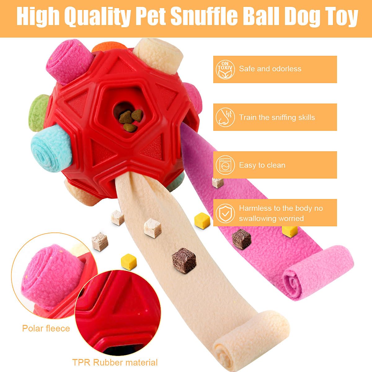 Schnüffelball für Hunde, interaktives Puzzle-Hundespielzeug, fördert natürliche Nahrungssuche, langsames Füttern für Training und Stressabbau, Stoffstreifen, versteckt Lebensmittel, Kauspielzeug für