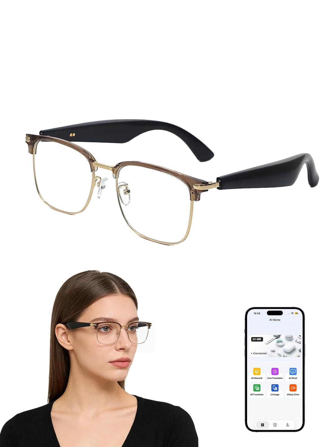 Bluetooth Glasses for Women Men AI Smart Glasses with Translation Open-Ear Speaker Blue Light Blocking Lenses Audio with
