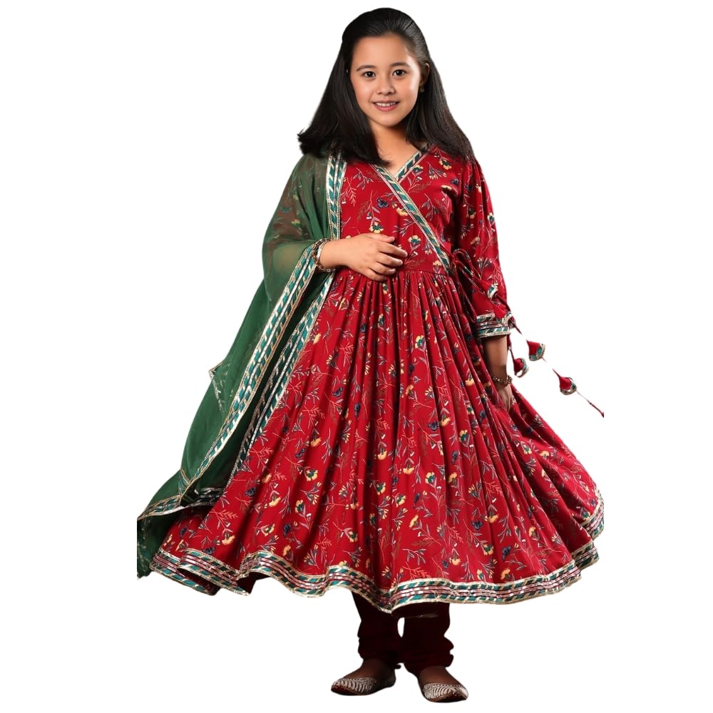 NaixaGirls Rayon Floral Print Drawstring 3/4 Sleeve Anarkali Dress With Churidar Payjama and Dupatta