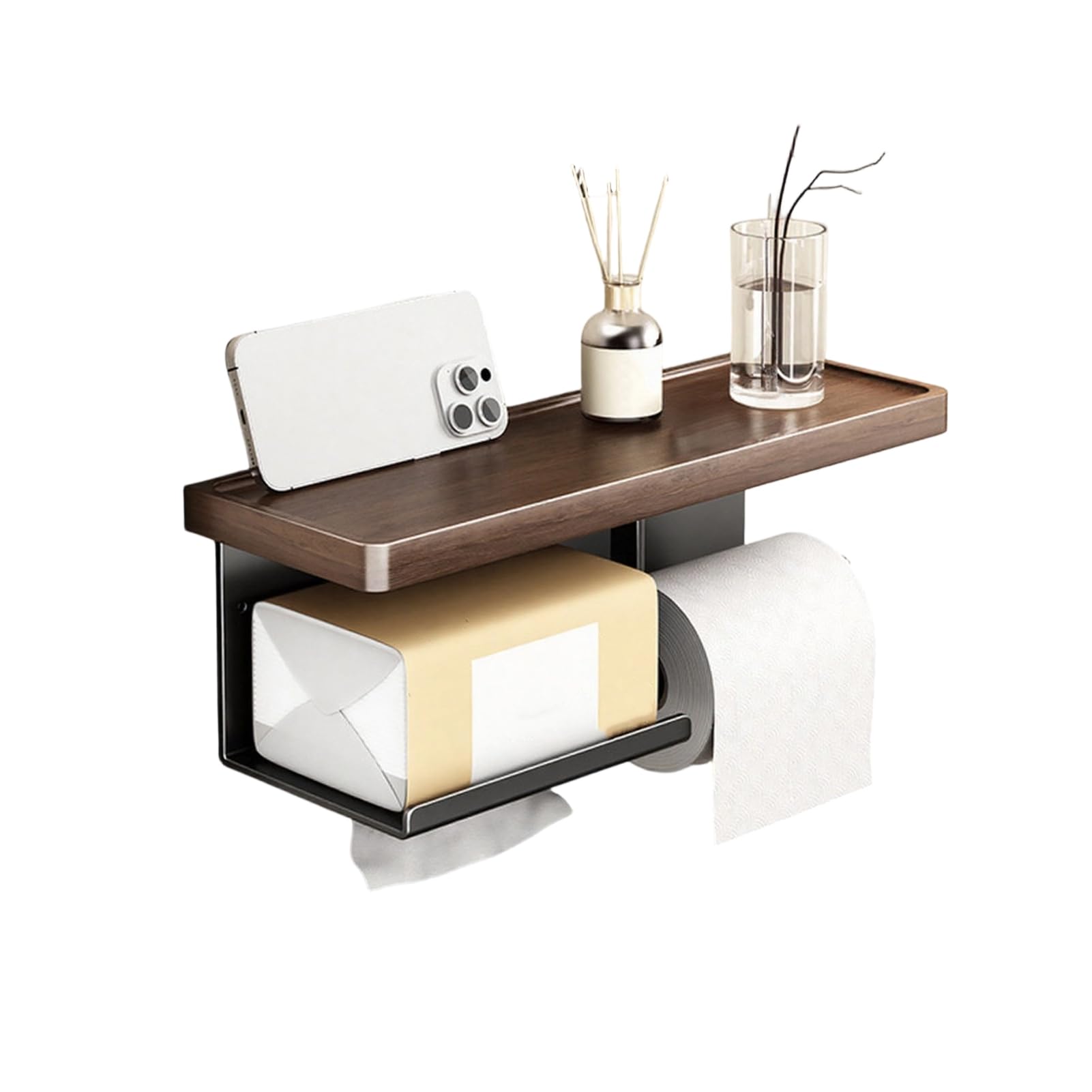 Glifora Wall Storage Rack - Strong Load-Bearing Wall-Mounted Organiser with Rounded Paper Outlet, Smooth Pull-Out, Multifunctional Wood and Metal Bathroom Shelf