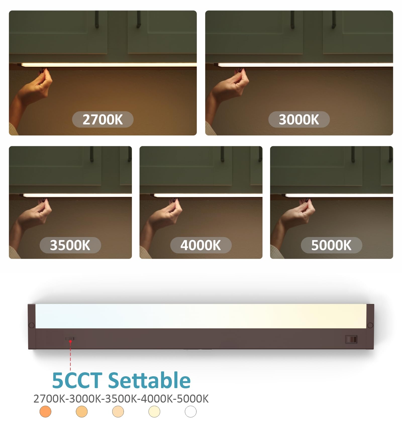 Leetdud - LED Unterschrankbeleuchtung 16" 8W steckbar 5 Farbtemperaturen 2700K/3000K/3500K/4000K/5000K, ETL-geprüft, dimmbar, verdrahtet oder steckbar für