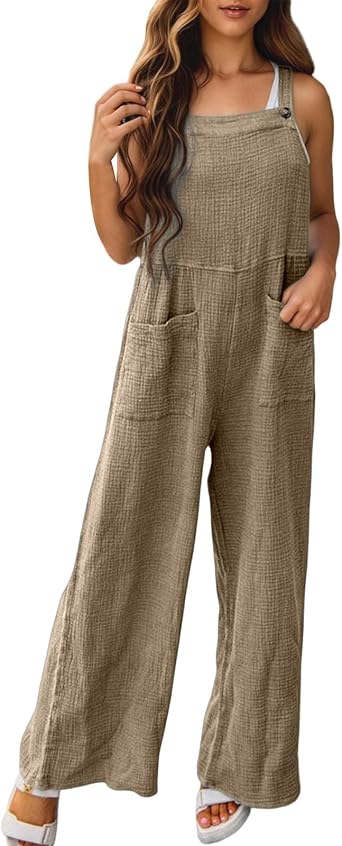 Women Rompers and Jumpsuits Summer Sleeveless Square Collar Overalls Loose Straight Leg Pants Jumpsuit with Pockets