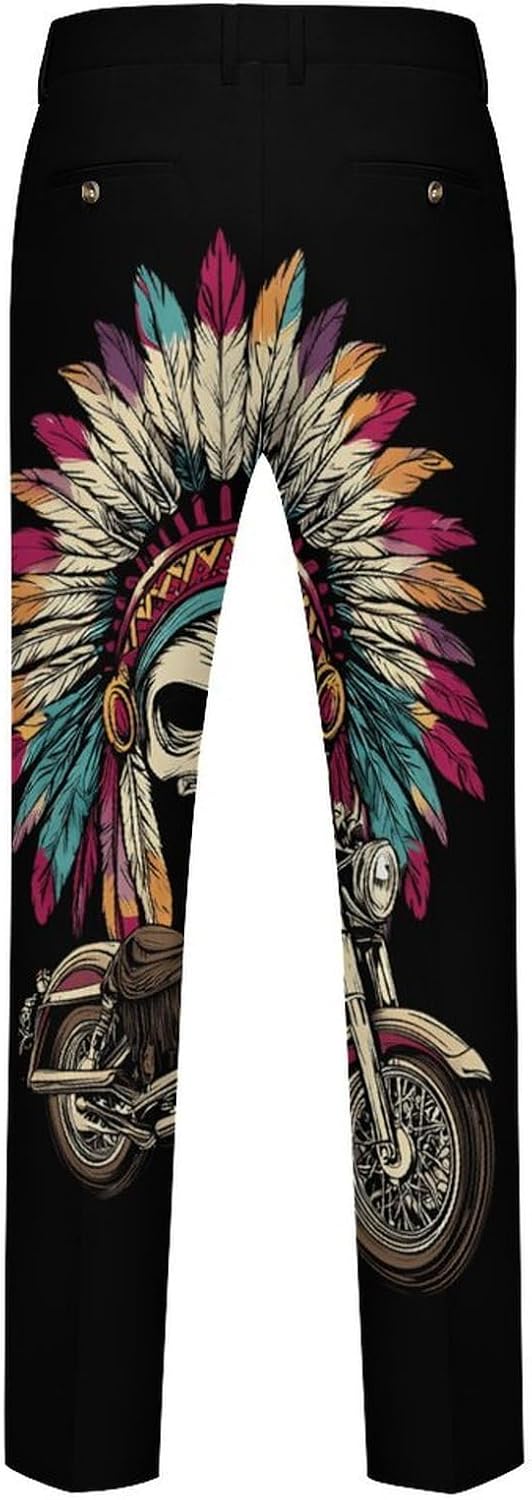 Indian Skull on Motorcycle Novelty Men's Casual Pants Slim Fit Suit Dress Trousers