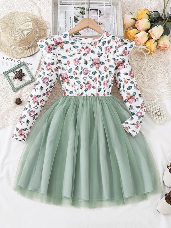 Image of Niren Enterprise 1019 Long Sleeve Printed Flower Belted Square Neck Baby Girl Frock with Knee-Length and A-Line Style