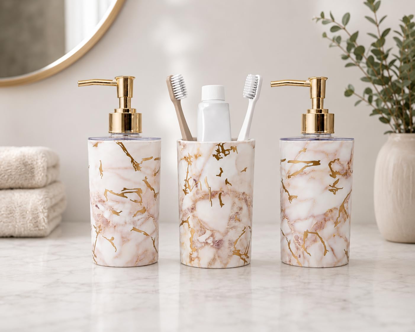 LAGET® 3-Piece Bathroom Accessories Set – Marble Design Soap Dispenser (2) & Toothbrush Holder Tumbler | Premium Plastic Pump Bottles for Kitchen & Wash Basin | Modern Countertop Organizer Set (Cream)-image-31
