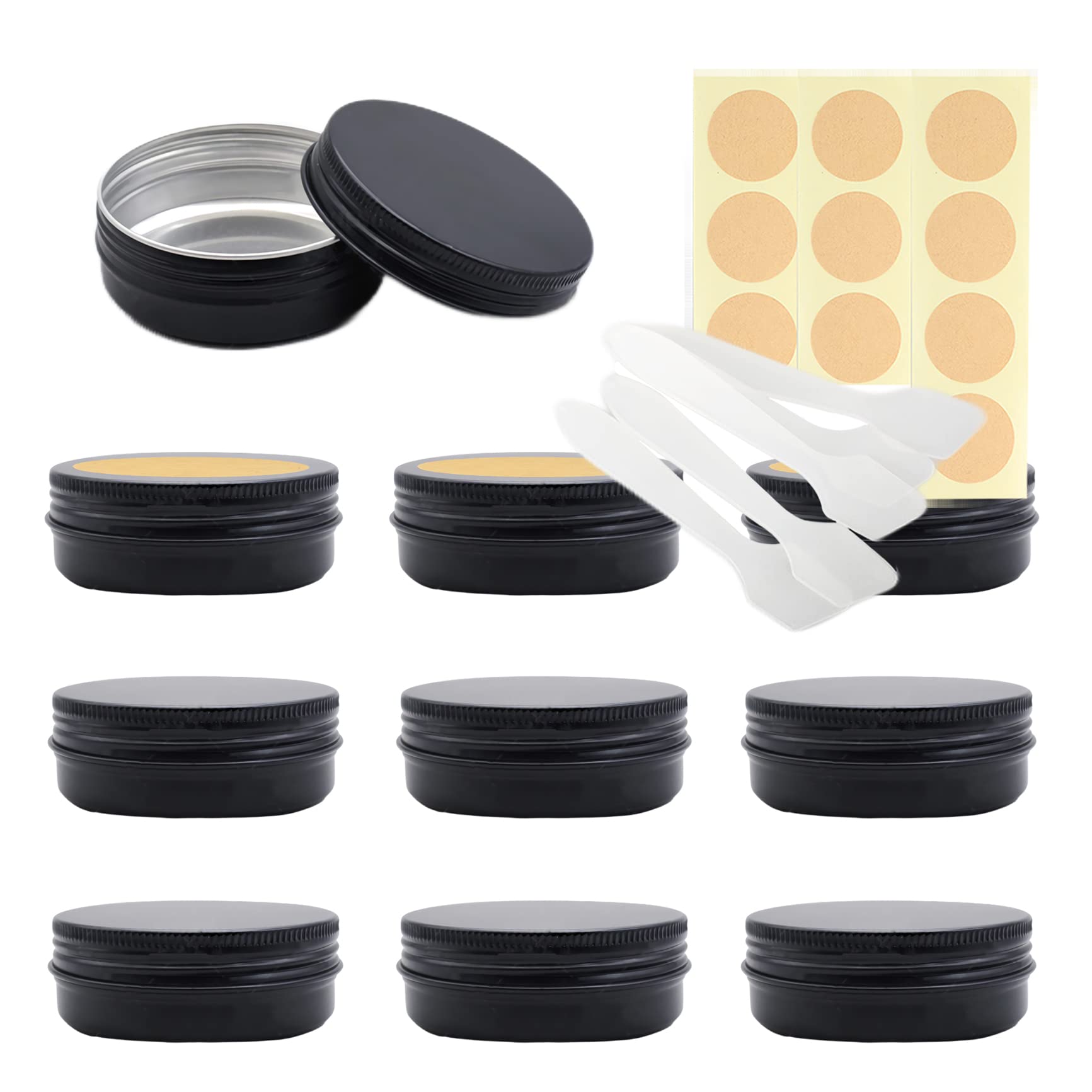 LusDoly Pack of 10 Empty 60ml Matte Black Aluminium Tins with Lids - Ø68x25mm Round Aluminum Screw Pots Cosmetic Cream Container Jars for Candle Lip Balm, Travel, with Spatulas & Labels — image 1