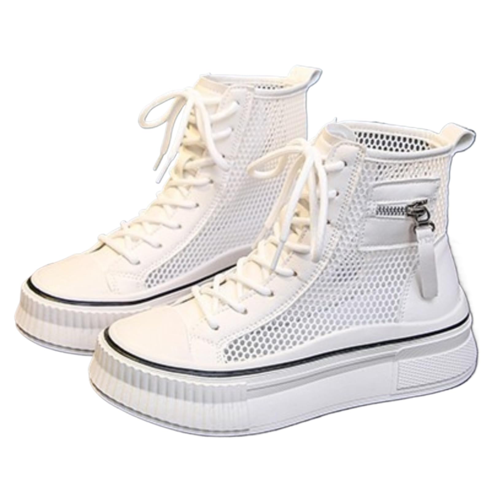 LVJMJ Damen Mesh High Top Sneaker Boots Schnürschuhe & Reißverschluss