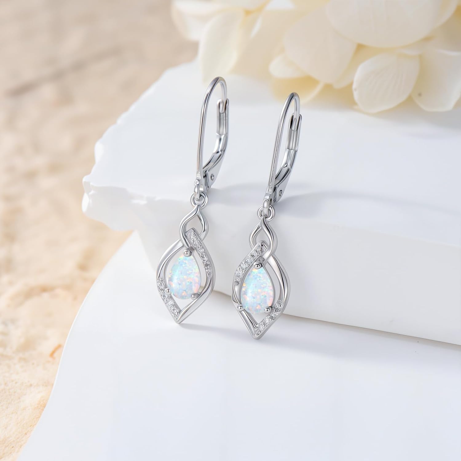 S925 Sterling Silver Opal with Genuine Diamond Earrings for Women October Birthstone Leverback Dangle Earring Birthday Valentine's Day Christmas Gift for Her - Image 5