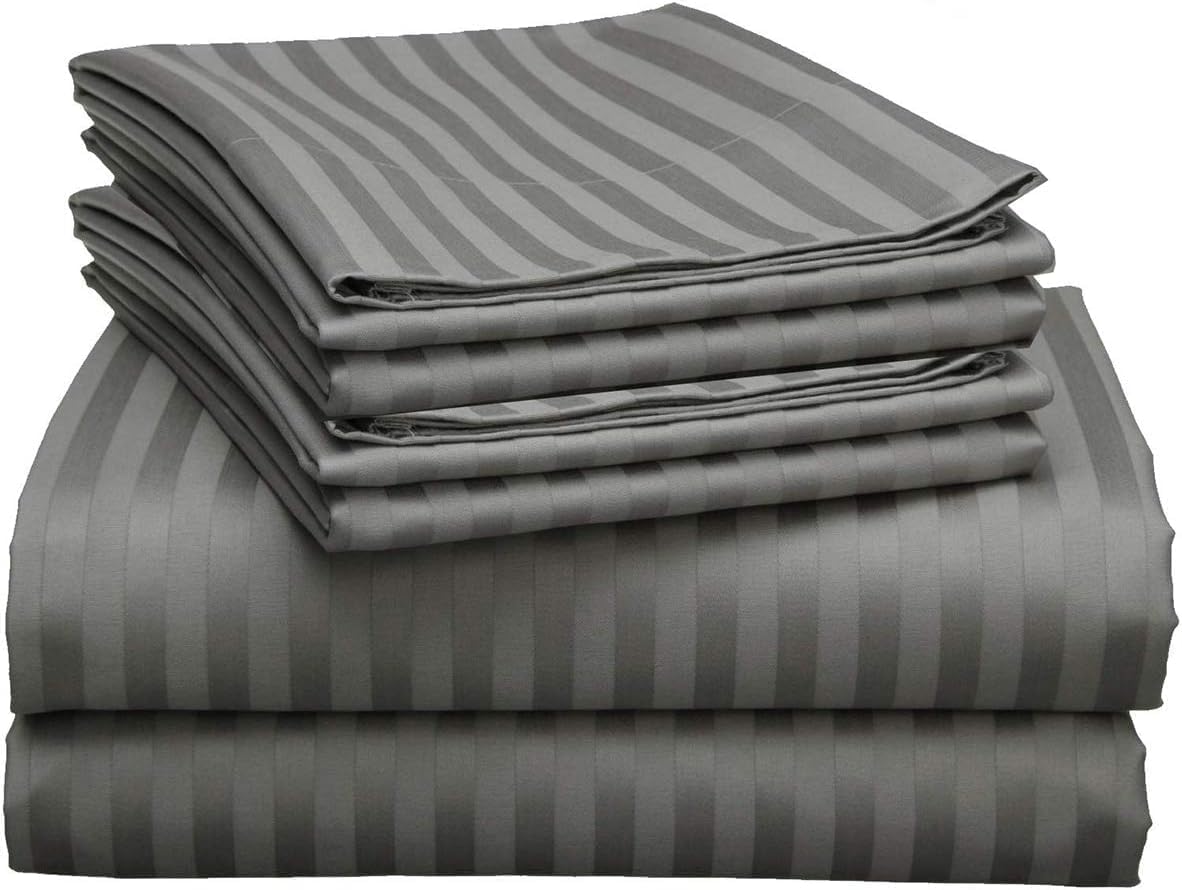 Cott Linen Flat Bed Sheet with 2 Pillow Covers 600 Thread Count 100% Egyptian Cotton Bedsheet Queen Size Dark Grey Stripe Sheet