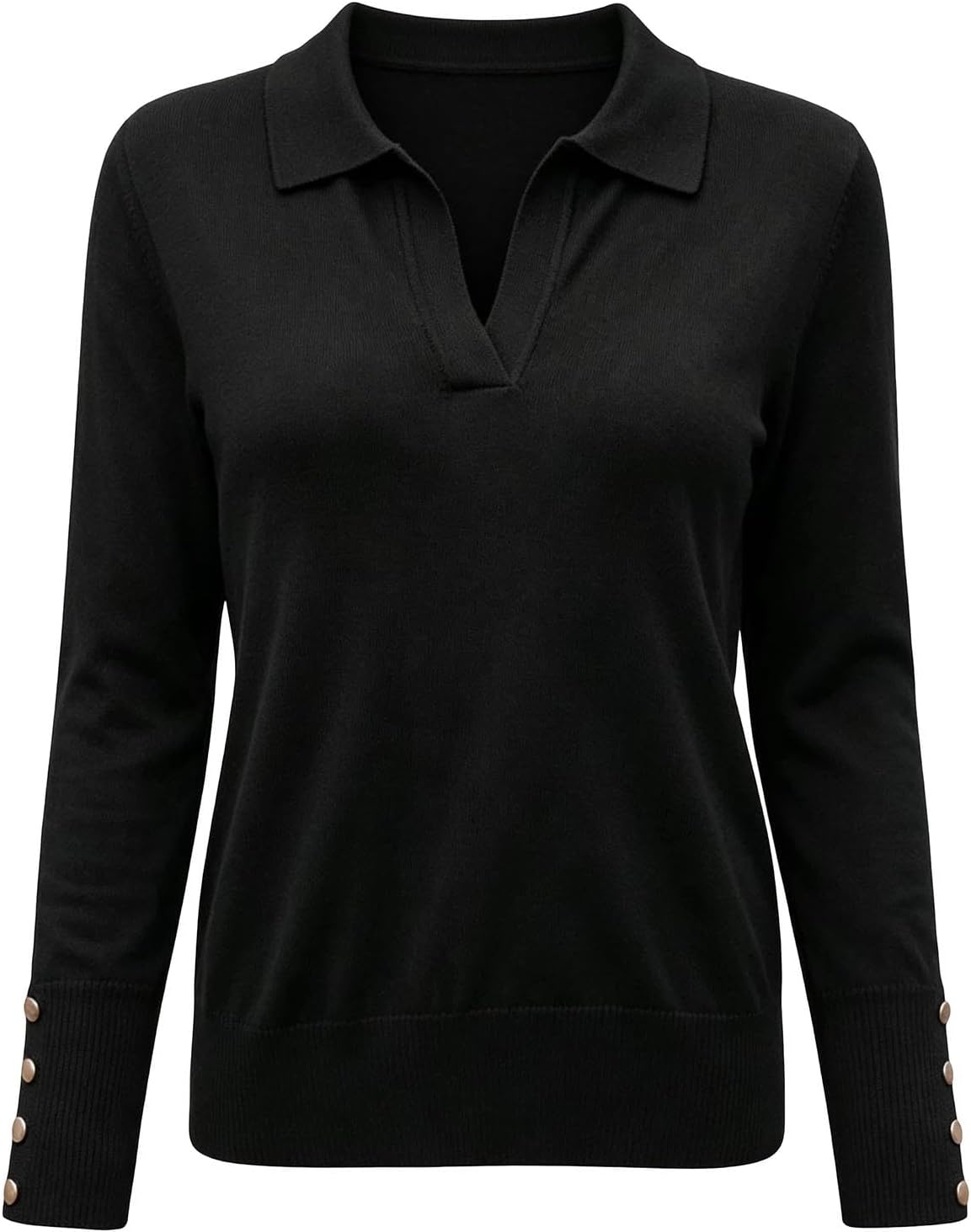 Women's V Neck Collared Knit Sweater Long Sleeve Button Cuff Tops