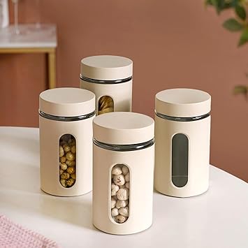 Nestasia Oval Window Metal Jacketed Glass Jars Set of 4 (1000 ml Each) - Glass Containers for Kitchen Storage with Transparent See - Through Window for Snacks, Dry Fruits, Tea & Coffee (Beige)