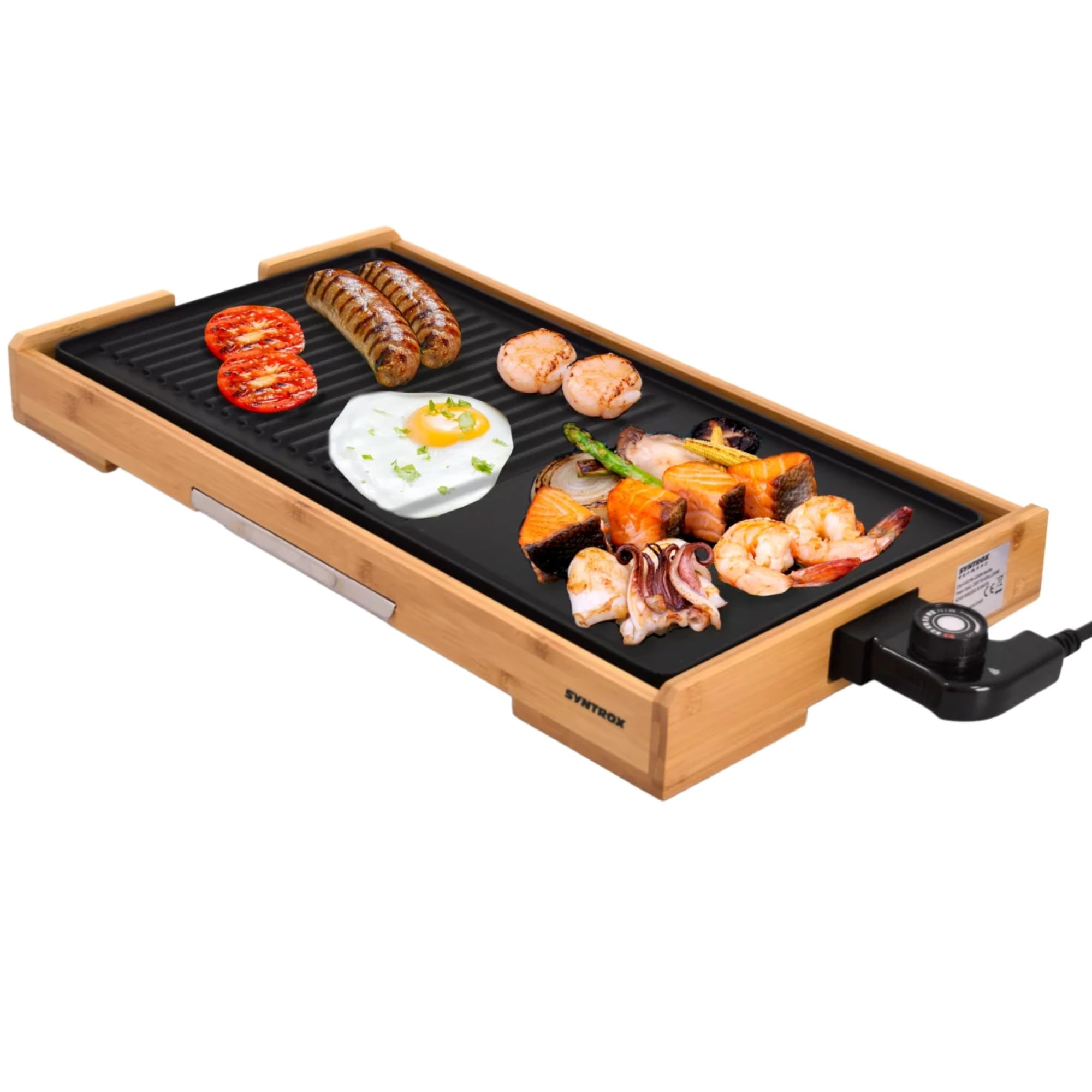 Syntrox Germany Elektrogrill Plancha Splendira, Tischgrill, 2200 Watt, Kontaktgrill, Grillplatte, Campinggrill, Antihaftbeschichtete Grillplatten, inklusive Thermostat, Schwarz-Bambus