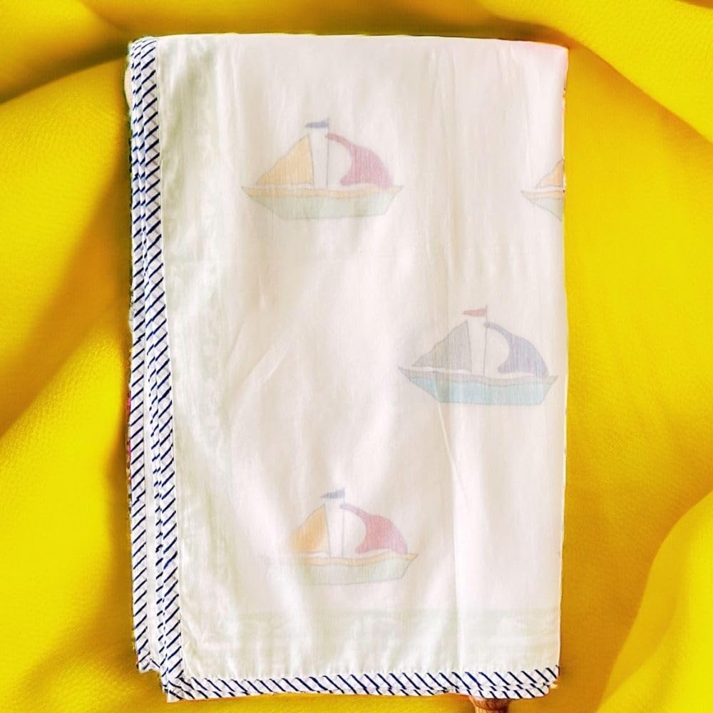 PShomes 100% Muslin 3D Dohar Handblock Kids Blanket - 3-Layer Fabric, Natural Dye & Non-Toxic, Lightweight & All-Season (Boat 40x60) 2