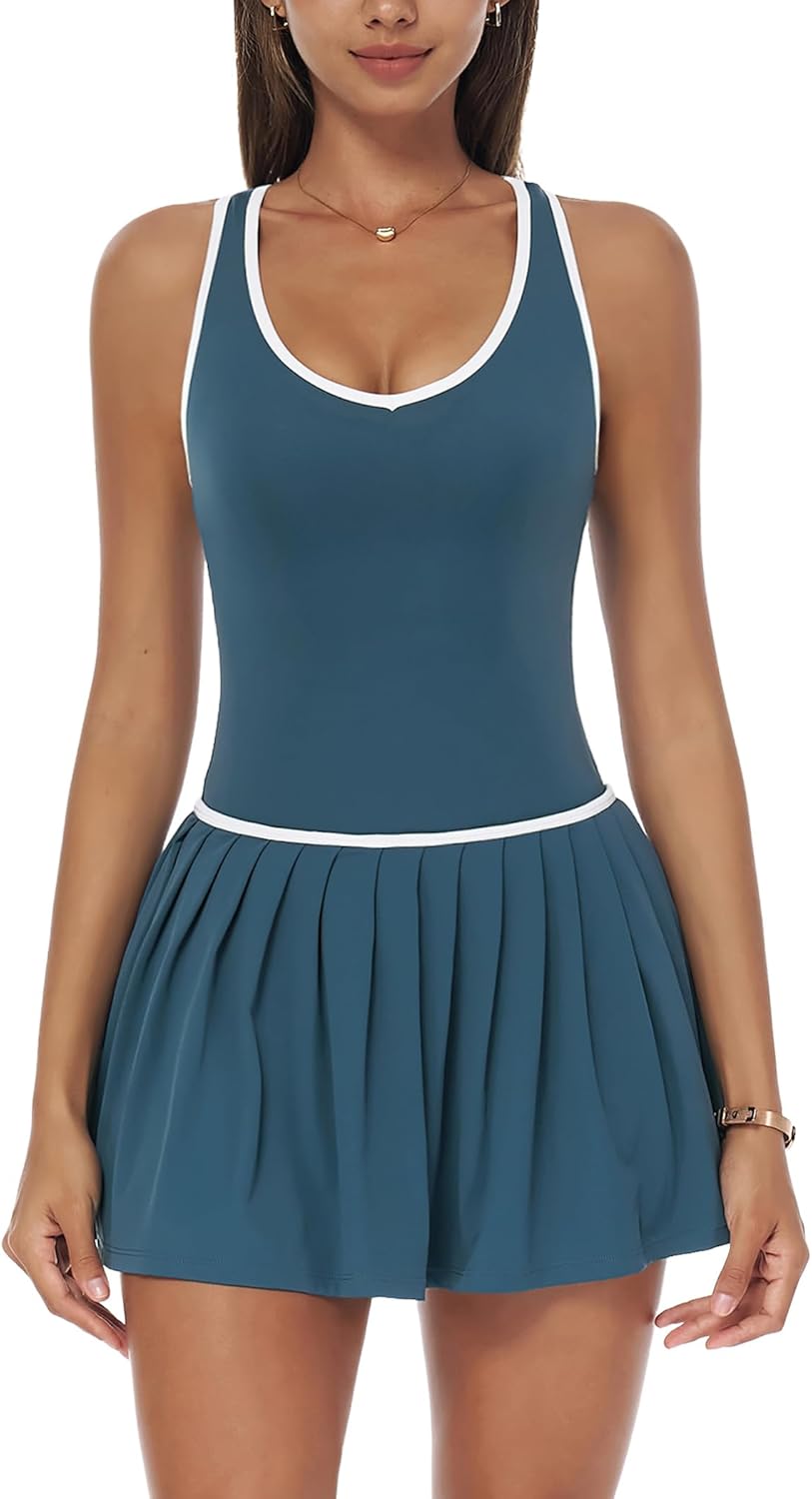 Tennis Dress for Women Compression Sleeveless Pleated Tank Dress with Shorts Active Yoga Golf Dresse
