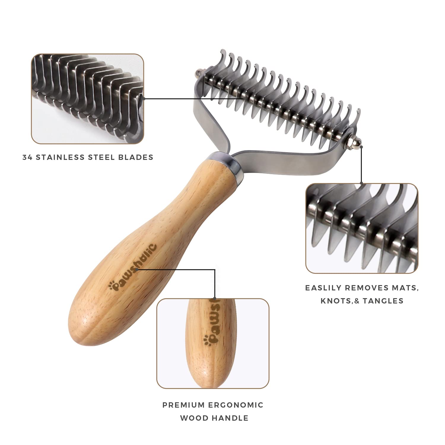 Undercoat Rake for Dogs PAWSHOLIC Professional Pet Shedding Dematting Comb with Wood Handle