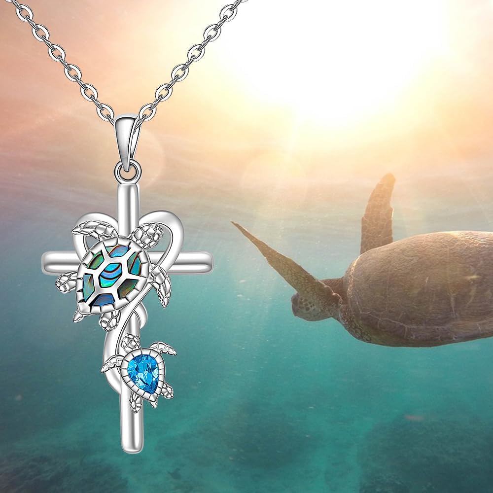 Fenthring Turtle Necklace Sea Turtle Necklace for Women Sterling Silver Cross Blue Opal Abalone Mother Daughter Pendant Jewelry Charm Birthday Mothers Day Christmas Gifts - Image 4