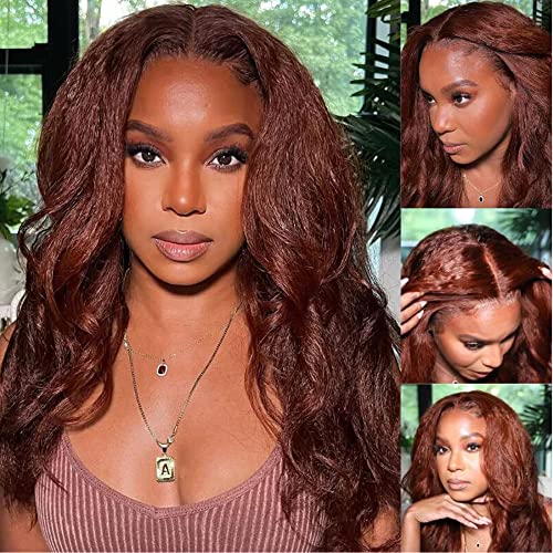 Sunber Reddish Brown Kinky Straight 13x4 Lace Front Wigs Human Hair for Women Glueless 150% Density Lace Frontal Wigs Pre Plucked with Baby Hair Auburn Brown Colored Yaki Hair Wig 22 Inch