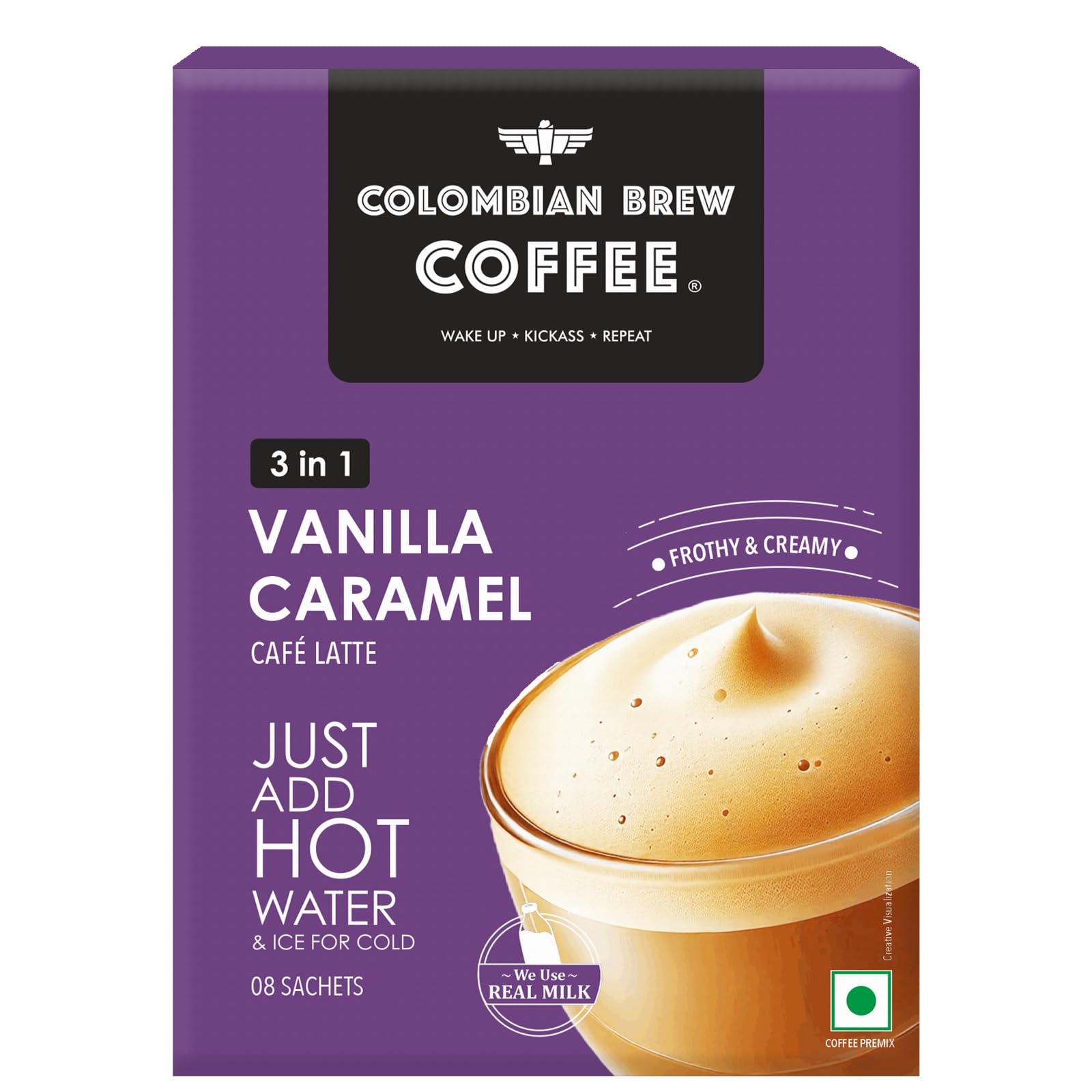 Colombian Brew Vanilla Caramel Café Latte, Instant Coffee Powder Premix (3 in 1), 8 Sachets
