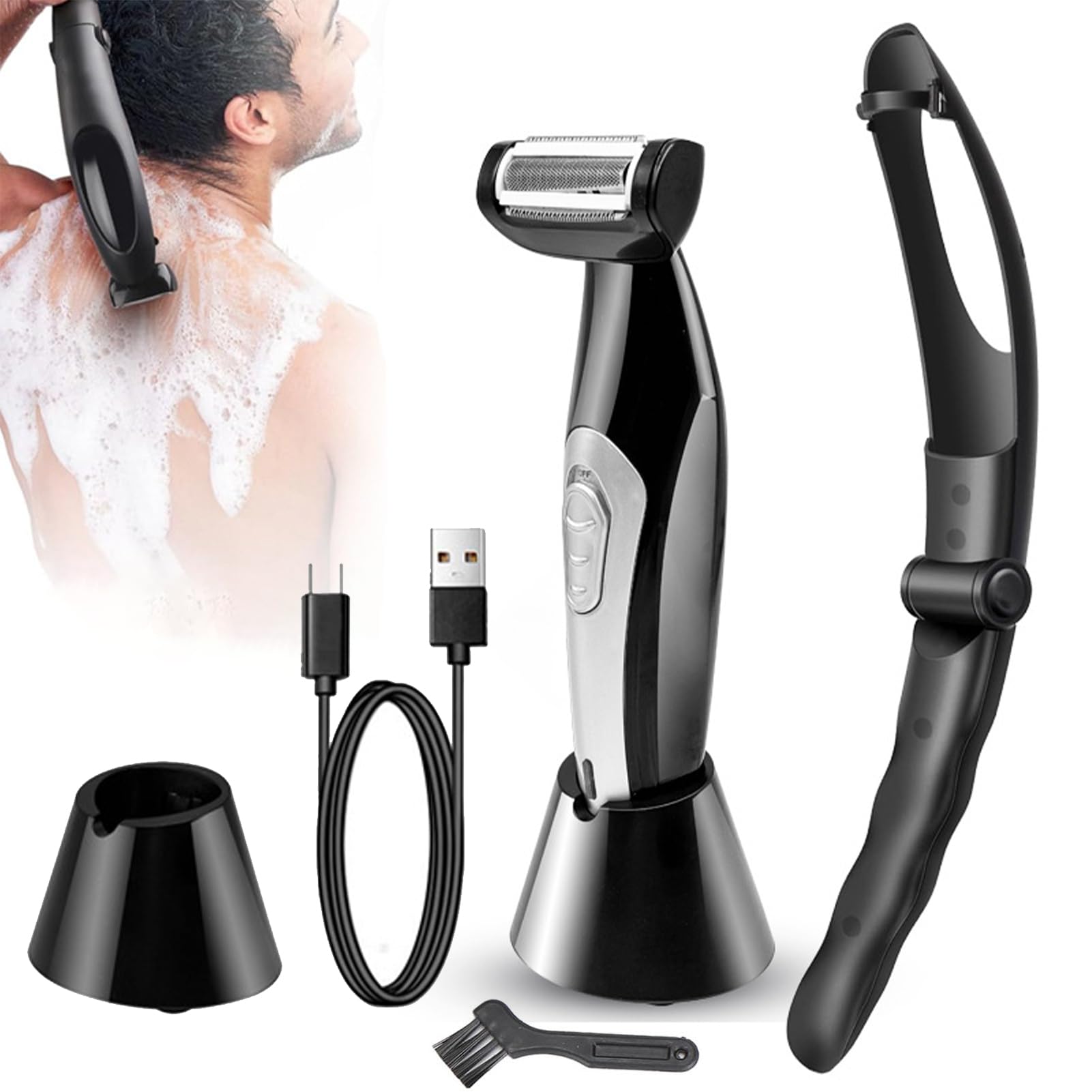 Rifinitore per del Corpo Uomo - Rasoio Elettrico per la Schiena con Manico Lungo Rimovibile, Rifinitore per Zona Pubica, Schiena, Viso, Gambe e Barba, Uso a Umido e Asciutto,