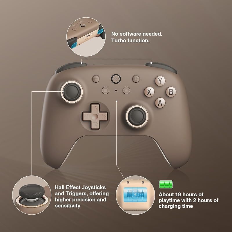 8bitdo Ultimate 2C Vezeték Nélküli Kontroller Windows PC és Android Eszközökhöz, Hall-Effekt Joystickkel, 1000 Hz-es Válaszidővel, Barna
