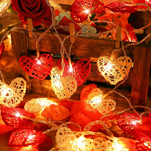 Heart Shaped String Lights, 16Ft 24 Led Vintage 3D Rattan Twinkle Lights With Remote, Battery And Usb Dual Supply Fairy Lights For Valentine's Day Mother's Day Home Party Decoration (Red, Pink, White) #TOP4