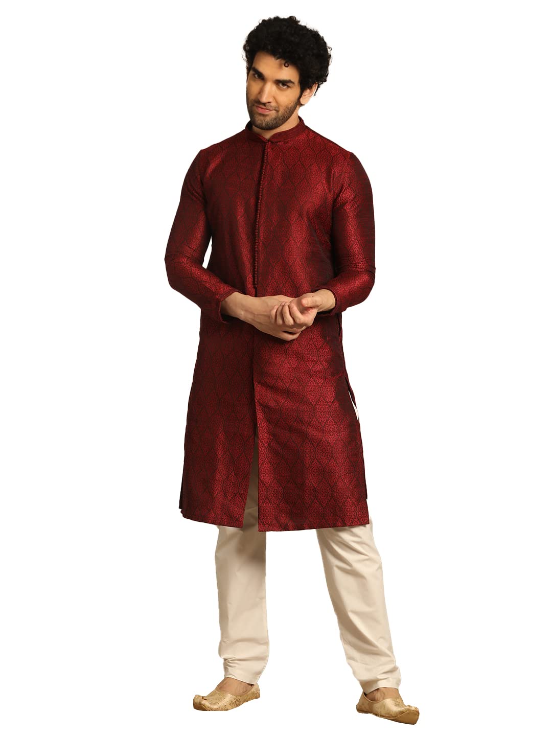 manyavar Men's Viscose Blend Self Design Kurta Churidar Set (2pcs)-picture-23