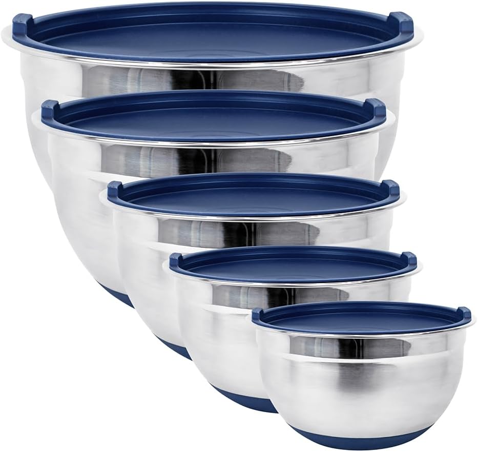 Stainless Steel Mixing Bowls with Lids and Non Slip Bases (Set of 5, Blue)