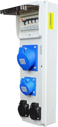 RoadEu - Power Distribution Box - CEE 32Amp, 16Amp Socket 3P and 2X 13 Amp Socket - Monophase Wall Combination Sockets with Circuit Breakers and RCD, Includes 32A, 16A and 13Amp MCB