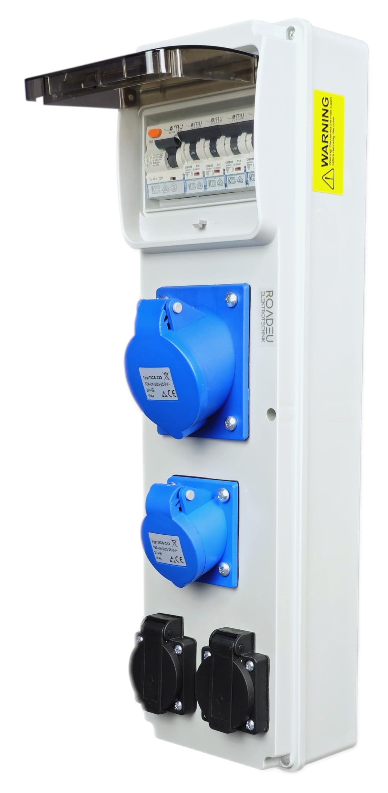 RoadEu - Power Distribution Box - CEE 32Amp, 16Amp Socket 3P and 2X 13 Amp Socket - Monophase Wall Combination Sockets with Circuit Breakers and RCD, Includes 32A, 16A and 13Amp MCB