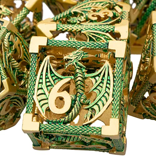 ARUOHHA Hollow DND Metal Dragons Dice Set Golden Green D and D Dice, RPG Role Playing Games Dungeons Polyhedral Dice with Gift Box D20 D12 D10 D8 D6 D4