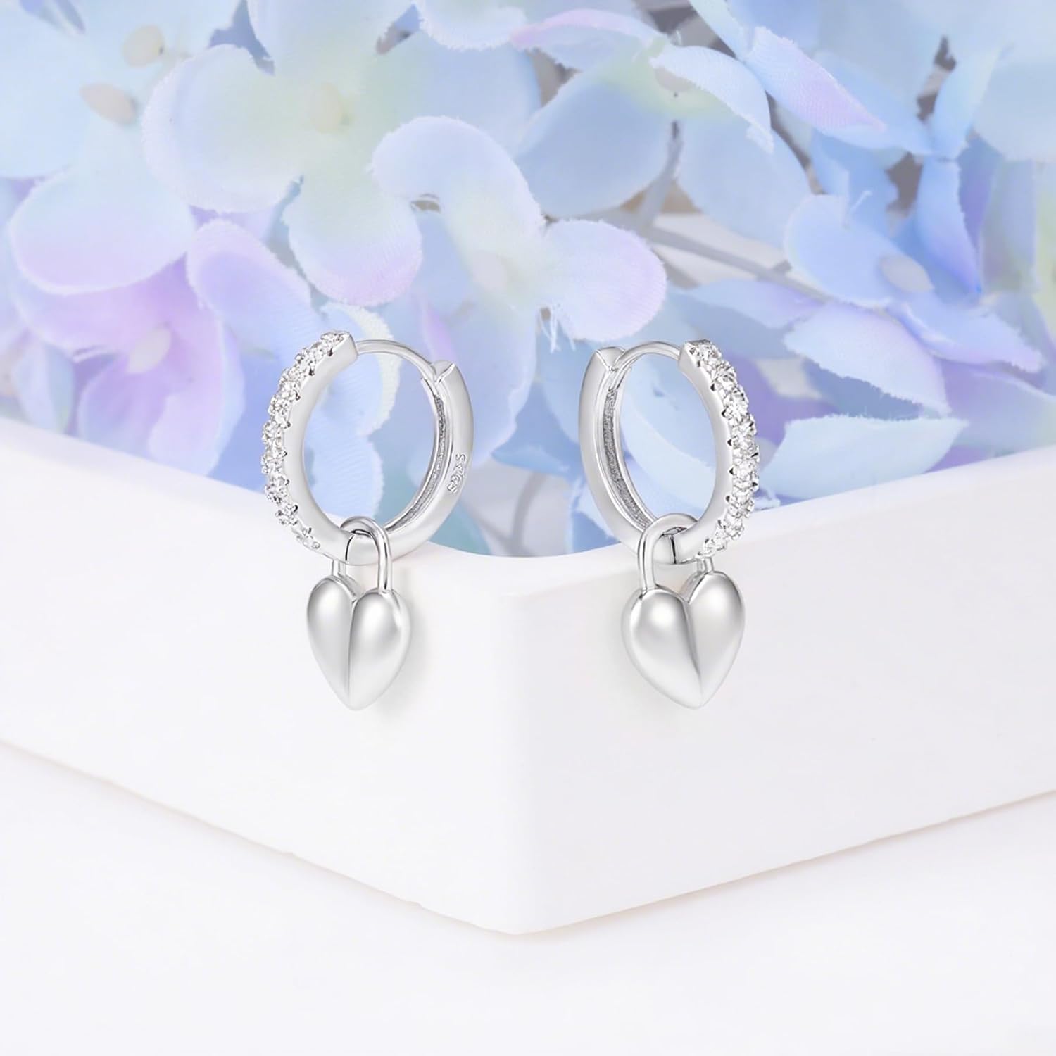 Heart Dangle Hoop Earrings White Gold Plated Sterling Silver CZ Heart Love Hoop Earrings Huggie Earrings Highly Polished Dainty Minimalist Lightweight Jewelry Gifts for Women Girlfriend Wife Birthday - Image 3