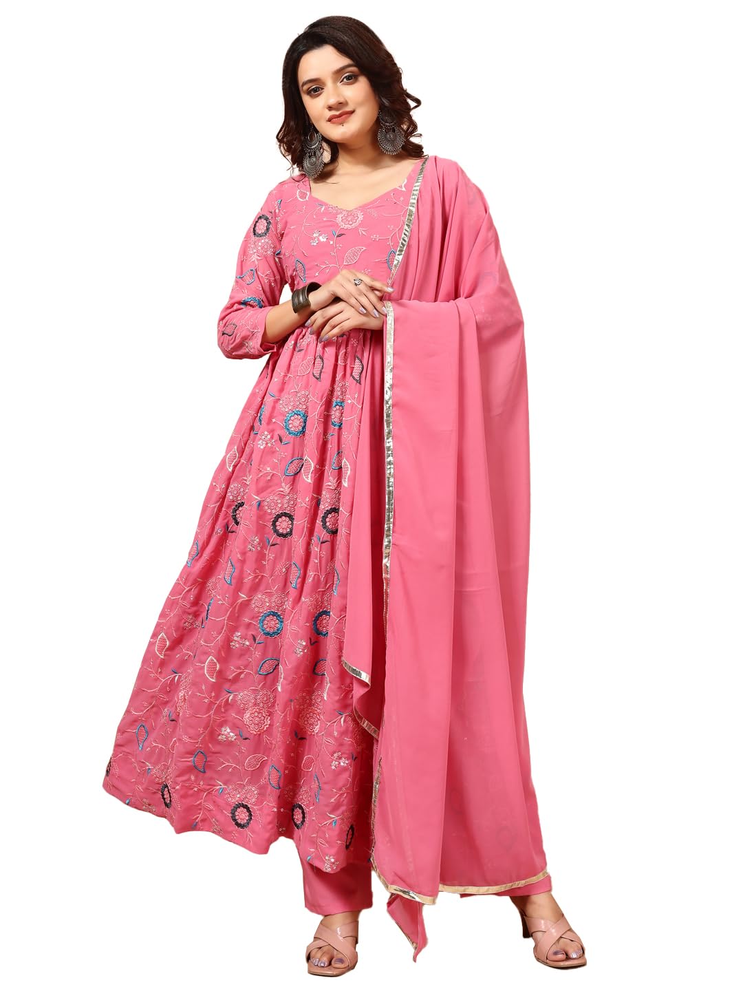 Fashion Basket Georgette Anarkali Kurta Set For Women (In, Alpha, L, Regular, Pink)