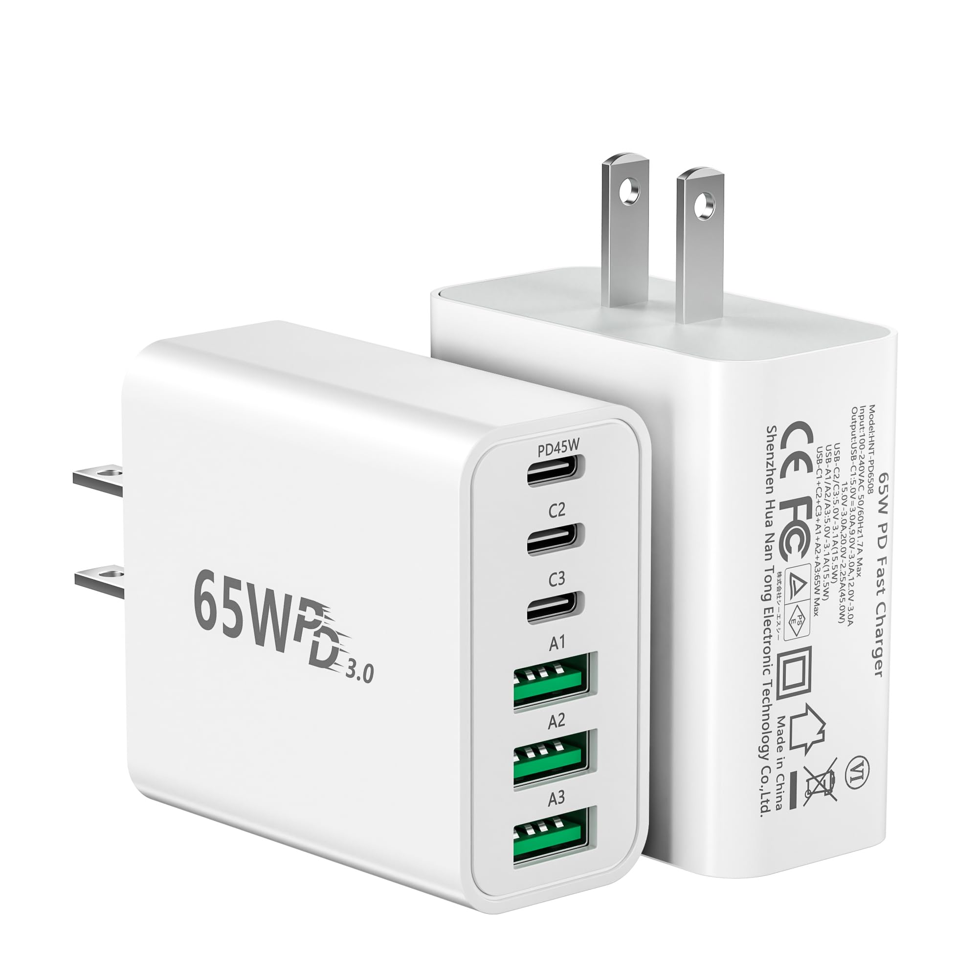 Photo 1 of ?2 Pack? USB C Charger Block, 65W Fast Charge Type C 45W, 6-Port Charger Plug Power Adapter, 3USBC+3USBA Multiport Wall Charging Block, Compatible with iPhone 17/16/15/14/13/iPad/Galaxy S25/S24/S23