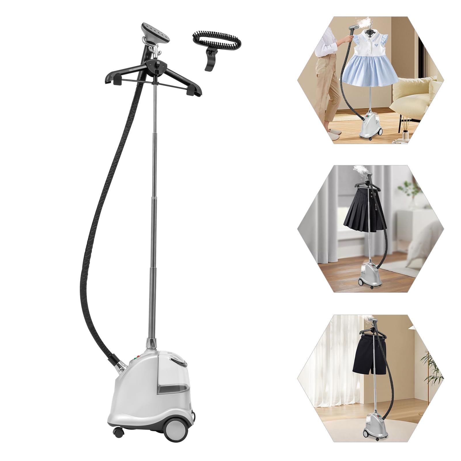 Stojąca parownica, 2200 W, moc pary 42 g/min, odświeżanie i dezynfekcja, 3 stopnie pary, gotowa do użycia w 60 sek., 3 litry, żelazko parowe, pionowa parownica, srebrna