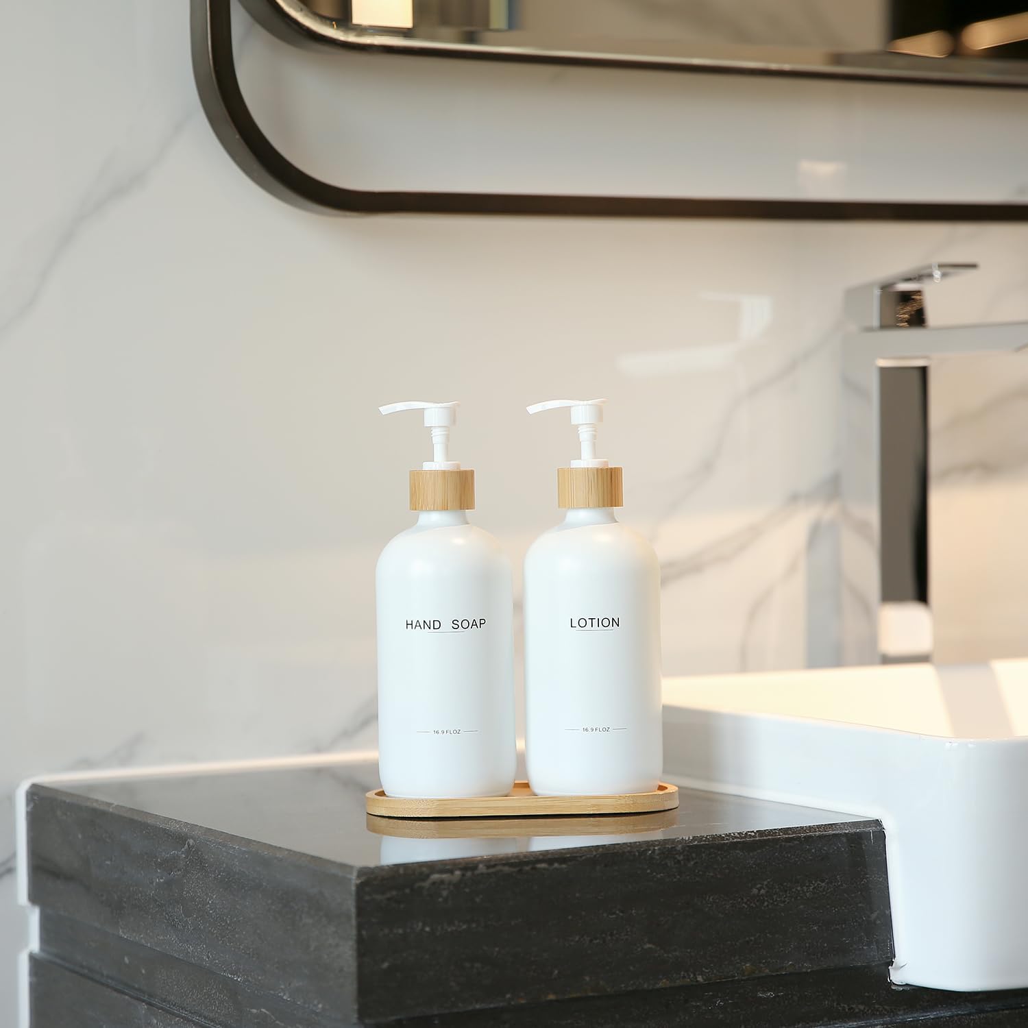 Bathroom Soap Dispenser Set, Bamboo Pumps & Tray, Lotion Dispenser, and Hand Soap Dispenser Bathroom Counter Decor. (White) - Image 2