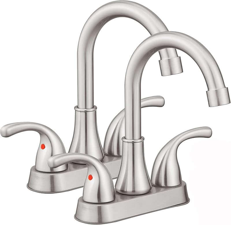 Grifo para lavabo de baño FRANSITON Grifo para lavabo de baño de níquel cepillado sin plomo con 2 asas de 4 pulgadas con tapón de drenaje emergente y mangueras de suministro