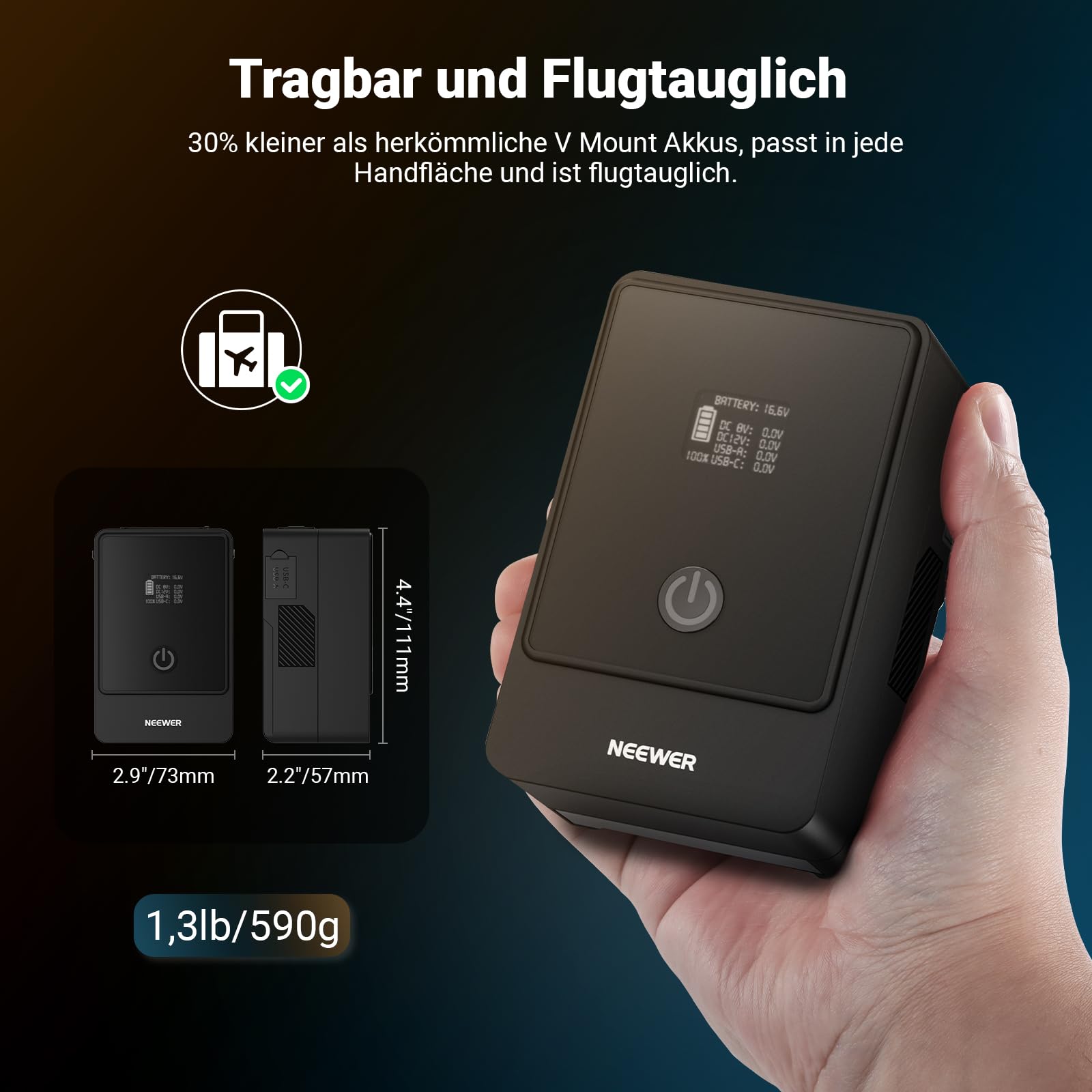 NEEWER Mini V Mount Battery, 6800mAh, 99Wh, 14,5V, Mini V Mount Akku mit 65W PD Typ C/D Tap/BP/USB A/Dual DC Anschluss/OLED Display V Lock Akku für Kamera, Camcorder, Monitor, Videoleuchte, PS099E