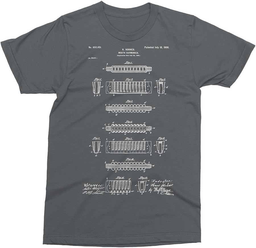 Harmonica Patent - Harp, Blues, Music T-Shirt [Color - Asphalt, Size - XL]
