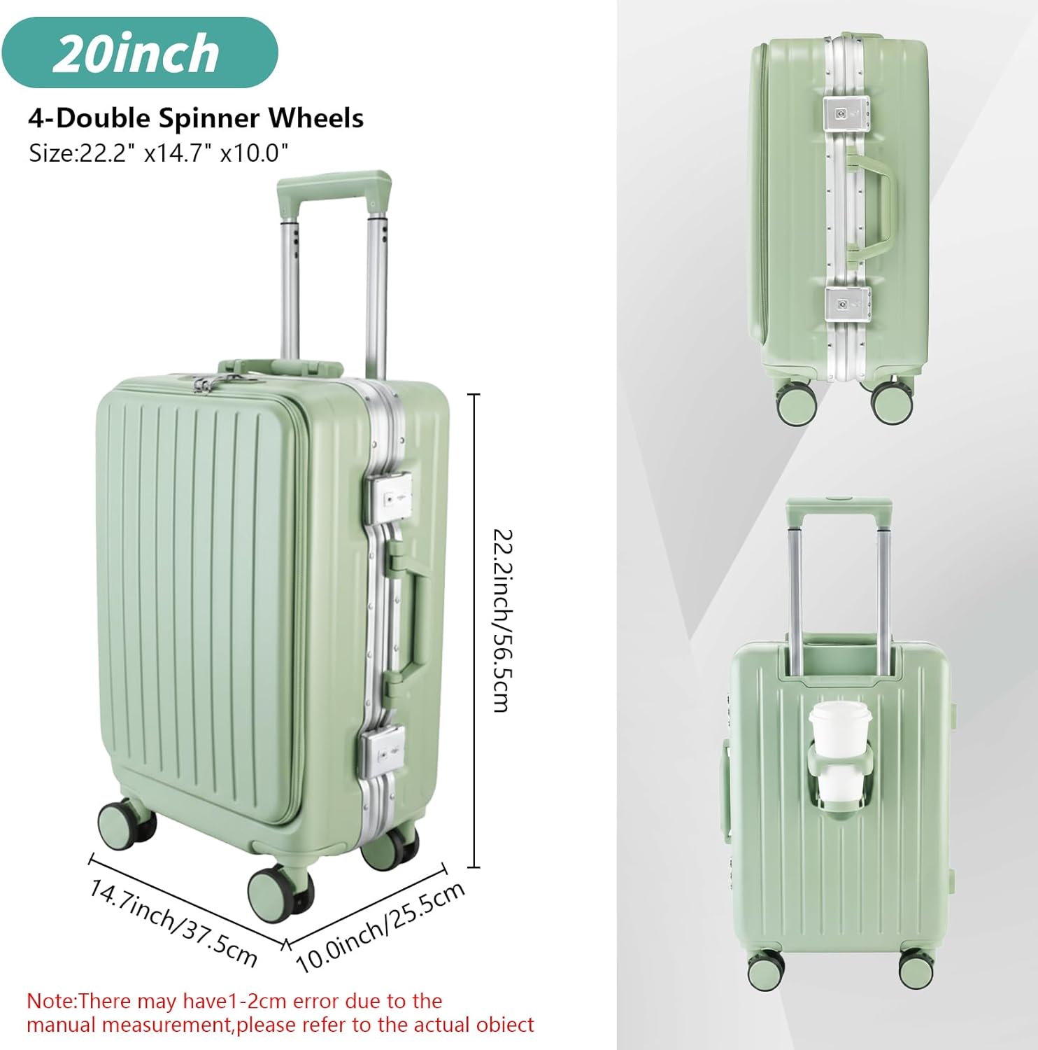 20 Inch Aluminum Frame Carry On Luggage - Hard Shell Silent Spinner Suitcase with TSA Airline Approved, USB/Type-C Port, 15.6" Laptop Compartment, Dry Wet Separation & Cup for Business Travel-Green