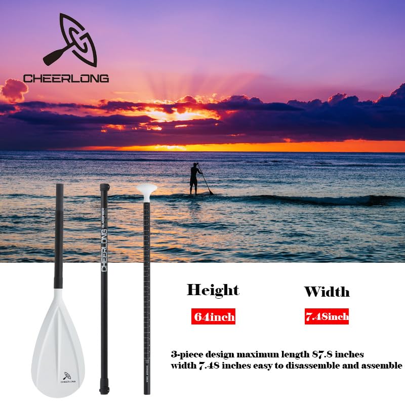 CHEERLONG SUP Paddle, Adjustable Length 63-86 inches, Black Fiberglass Grip, White Nylon Blades, Adjustable to a Comfortable Position, is a Perfect SUP Paddle