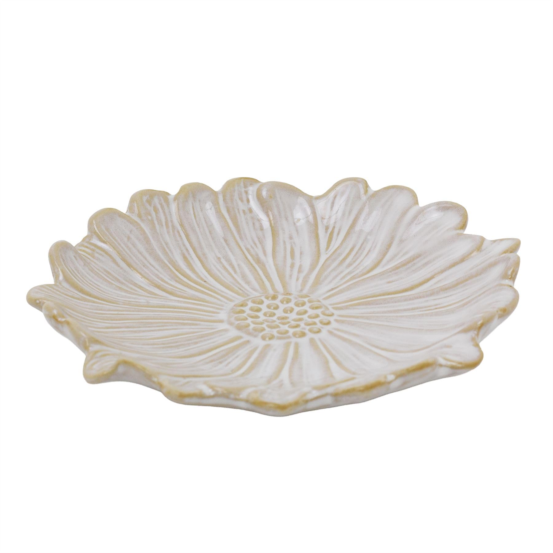 Carousel Home White Flower Trinket Dish, 13cm Ceramic Daisy Shaped Jewellery Dish Ring Holder Decorative Bowl