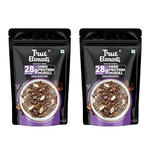 True Elements High Protein Muesli Dark Chocolate 400g (Pack Of 2) Combo - 800gm | 28g Protein | Dark Chocolate | Healthy Breakfast Cereal | Rich in Nuts, Seeds & Wholegrains | No Added Preservatives