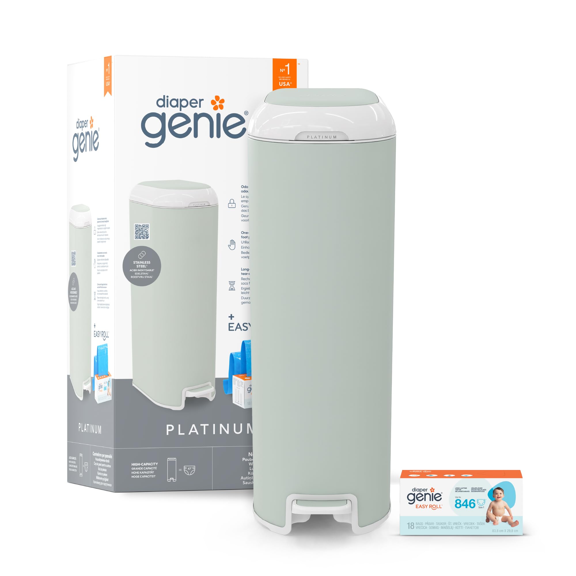 Diaper Genie Platinum – Stainless Steel Diaper Pail | Large Capacity 47 Diapers | Odor Control | Hands-Free Pedal | Sage Green